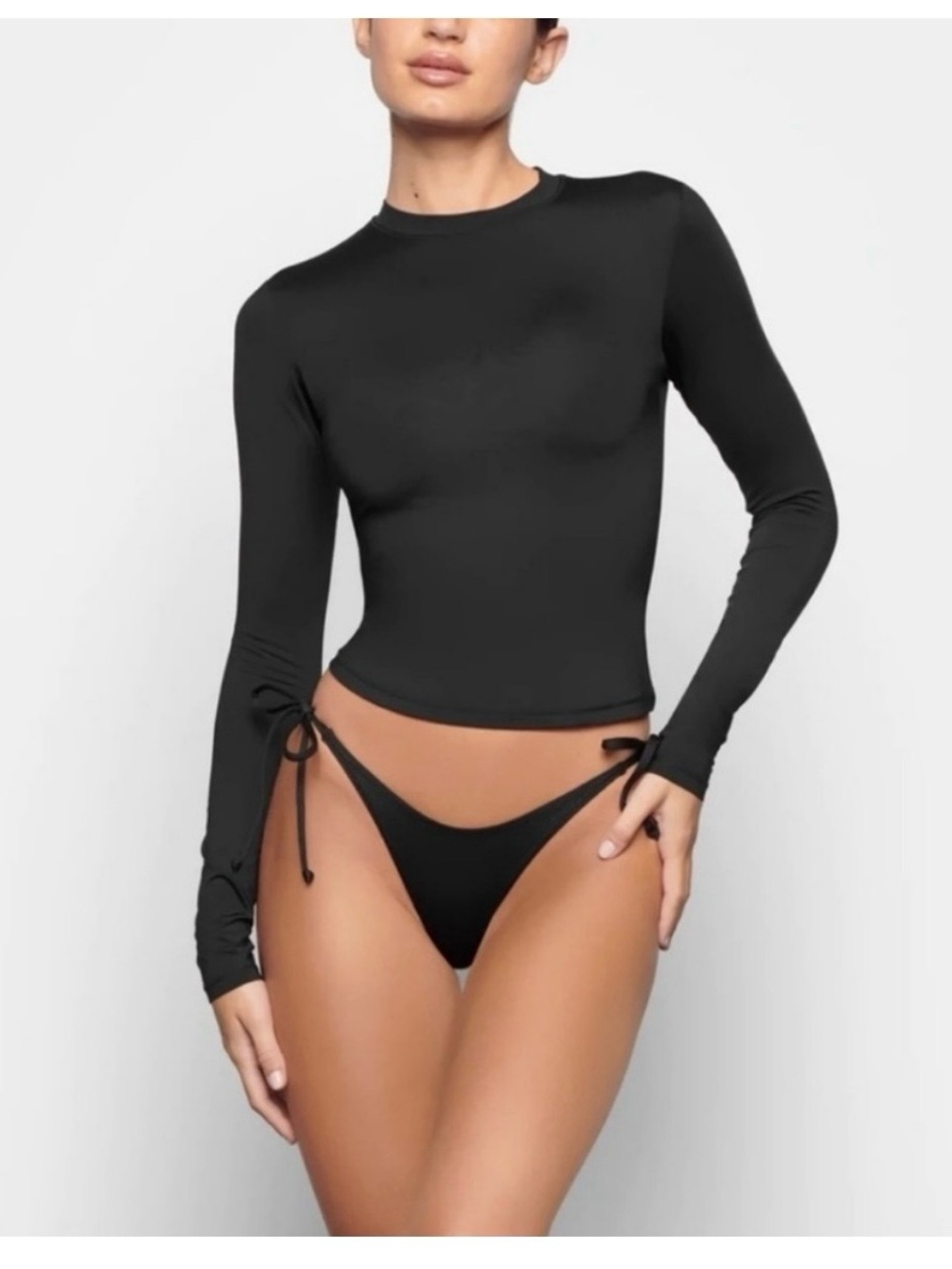 SKIMS Black Long Sleeve Crop Top with Sleeve Tie Details